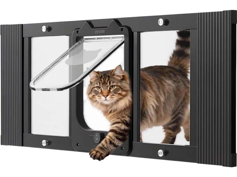 VEVOR Cat Door for Window, Adjustable to Fit Window Width 31"-36", 4 Secure Lock Modes, Aluminum Frame and High-Transparency Glass, Magnetic Closure, Weatherproof Quick-Fit Pet Door for Cats, Black