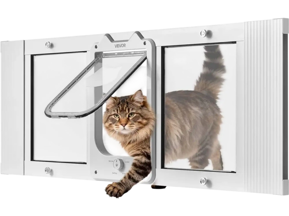 VEVOR Cat Door for Window, Adjustable to Fit Window Width 35"-40", 4 Secure Lock Modes, Aluminum Frame and High-Transparency Glass, Magnetic Closure, Weatherproof Quick-Fit Pet Door for Cats, White