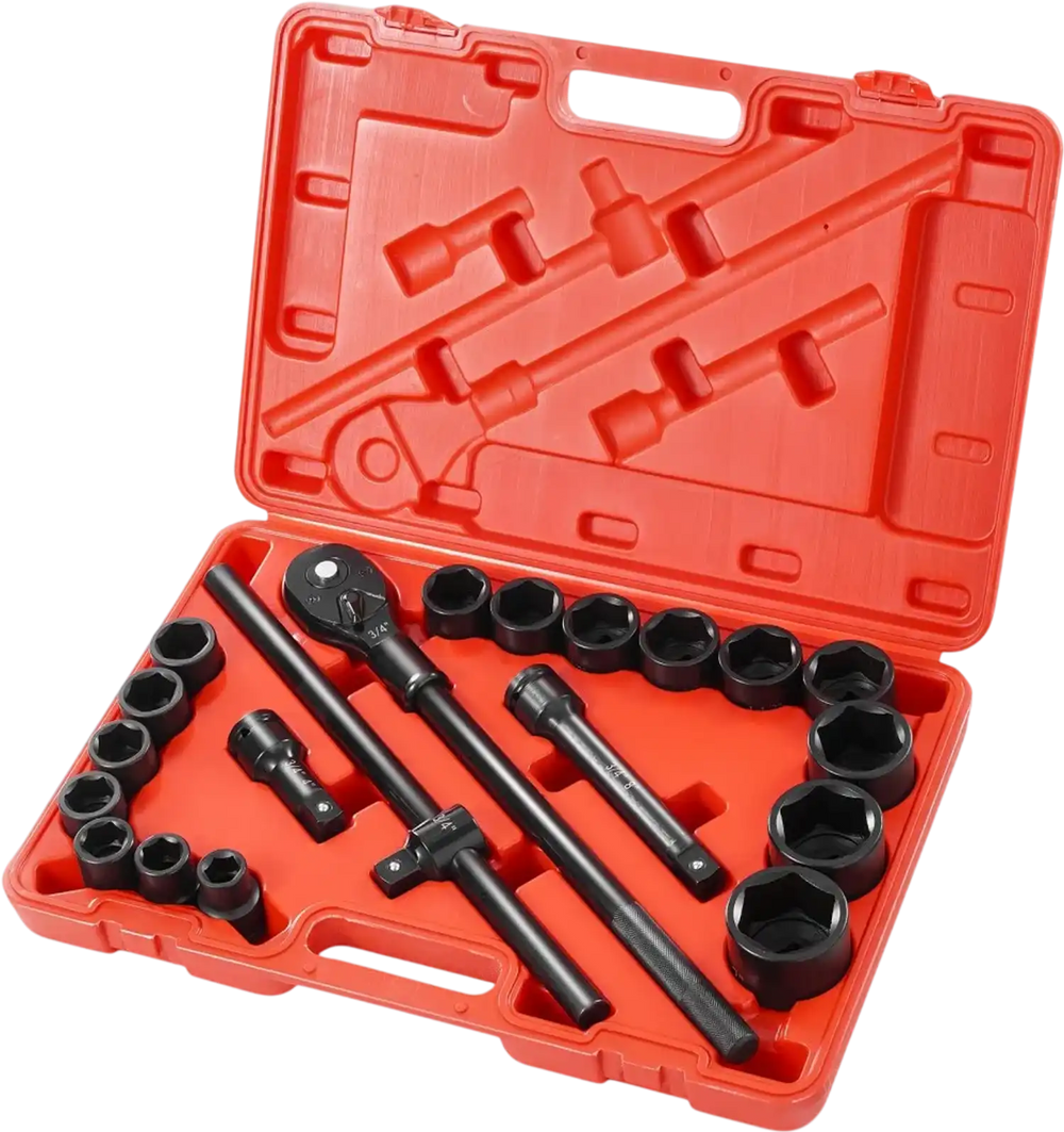 VEVOR 3/4 in Drive Impact Socket Set, 21 Pieces SAE 3/4 in to 2 in, 6 Point Cr-V Alloy Steel for Auto Repair, Easy-to-Read Size Markings, Includes Extension Bars, Ratchet Handle and Storage Case