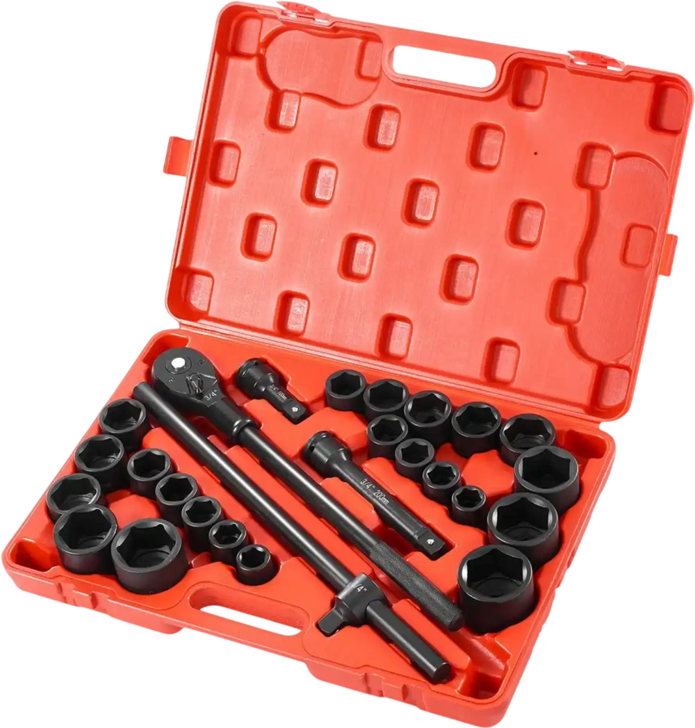 VEVOR 3/4 in Drive Impact Socket Set, 27 Pieces SAE 7/8 in to 2 in and Metric 22 mm to 50 mm, 6 Point Cr-V Alloy Steel for Auto Repair, Includes Extension Bars, Ratchet Handle and Storage Case