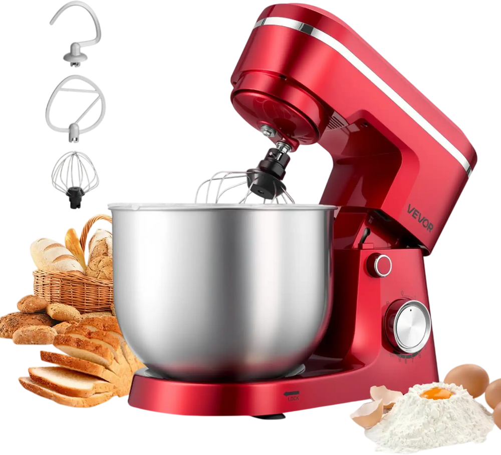 VEVOR Stand Mixer, 6 QT Electric Kitchen Mixer, 300W Dough-Mixer, 10 Speeds Tilt-head Food-Mixer with Stainless Steel Bowl, Dough Hook, Whisk, Beater, for Baking, Mixing, Whipping & Kneading, Red