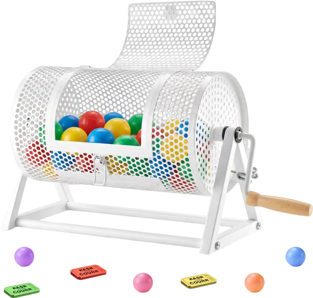 VEVOR Raffle Ticket Spinner, 11.6" x 6.6" Holds 2500 Tickets or 100 Ping Pong Balls, Raffle Drum Lottery Spinning Cage with Reinforced Handle, Stable Triangular Stand, for Events and Gatherings, White