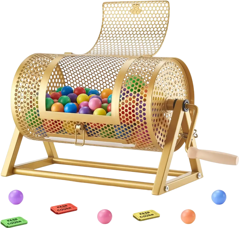 VEVOR Raffle Ticket Spinner, 11.6" x 6.6" Holds 2500 Tickets or 100 Ping Pong Balls, Raffle Drum Lottery Spinning Cage with Reinforced Handle, Stable Triangular Stand, for Events and Gatherings, Gold