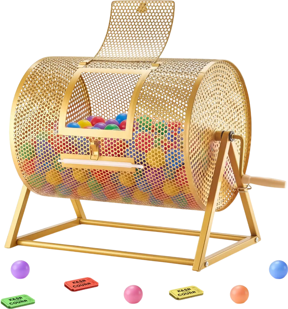 VEVOR Raffle Ticket Spinner, 16.1" x 11.9" Holds 5000 Tickets or 200 Ping Pong Balls, Raffle Drum Lottery Spinning Cage with Reinforced Handle, Stable Triangular Stand, for Events and Gatherings, Gold