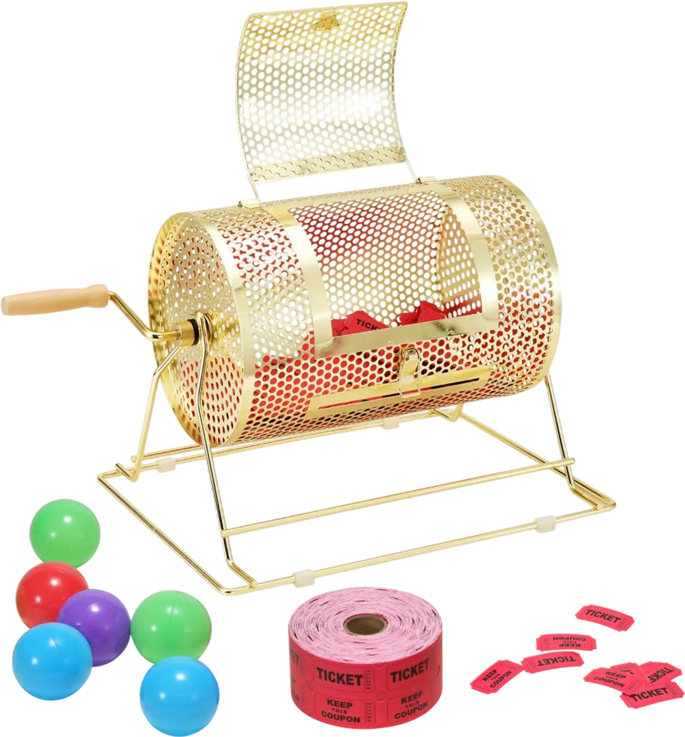 VEVOR Raffle Drum,Holds 2500 Tickets or 100 Ping Pong Balls, Metal Lottery Spinning Drawing with Wooden Turning Handle,11.6 x Ø7.48 inch Brass Plated Raffle Ticket Spinning Cage, for Bingo Ballot Pa