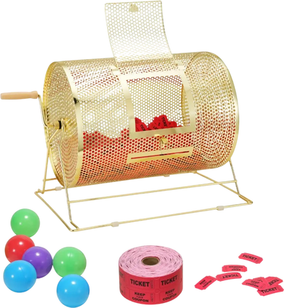 VEVOR Raffle Drum, Holds 5000 Tickets or 200 Ping Pong Balls, Metal Lottery Spinning Drawing with Wooden Turning Handle,16.1 x Ø12 inch Brass Plated Raffle Ticket Spinning Cage, for Bingo Ballot Part