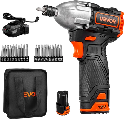 VEVOR Impact Driver, 1/4 Inch, 3000 RPM Max Speed, 12 V Brushless Motor, Electric Cordless Impact Driver Kit with Battery and Charger, 20 Bits, LED Work Light, for Furniture, Electrical, Home Repairs