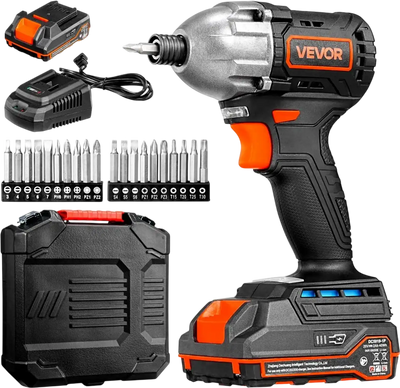 VEVOR Impact Driver, 1/4 Inch, 2800 RPM Max Speed, 20 V Brushless Motor, Electric Cordless Impact Driver Kit with Battery and Charger, 20 Bits, LED Work Light, for Furniture, Electrical, Home Repairs