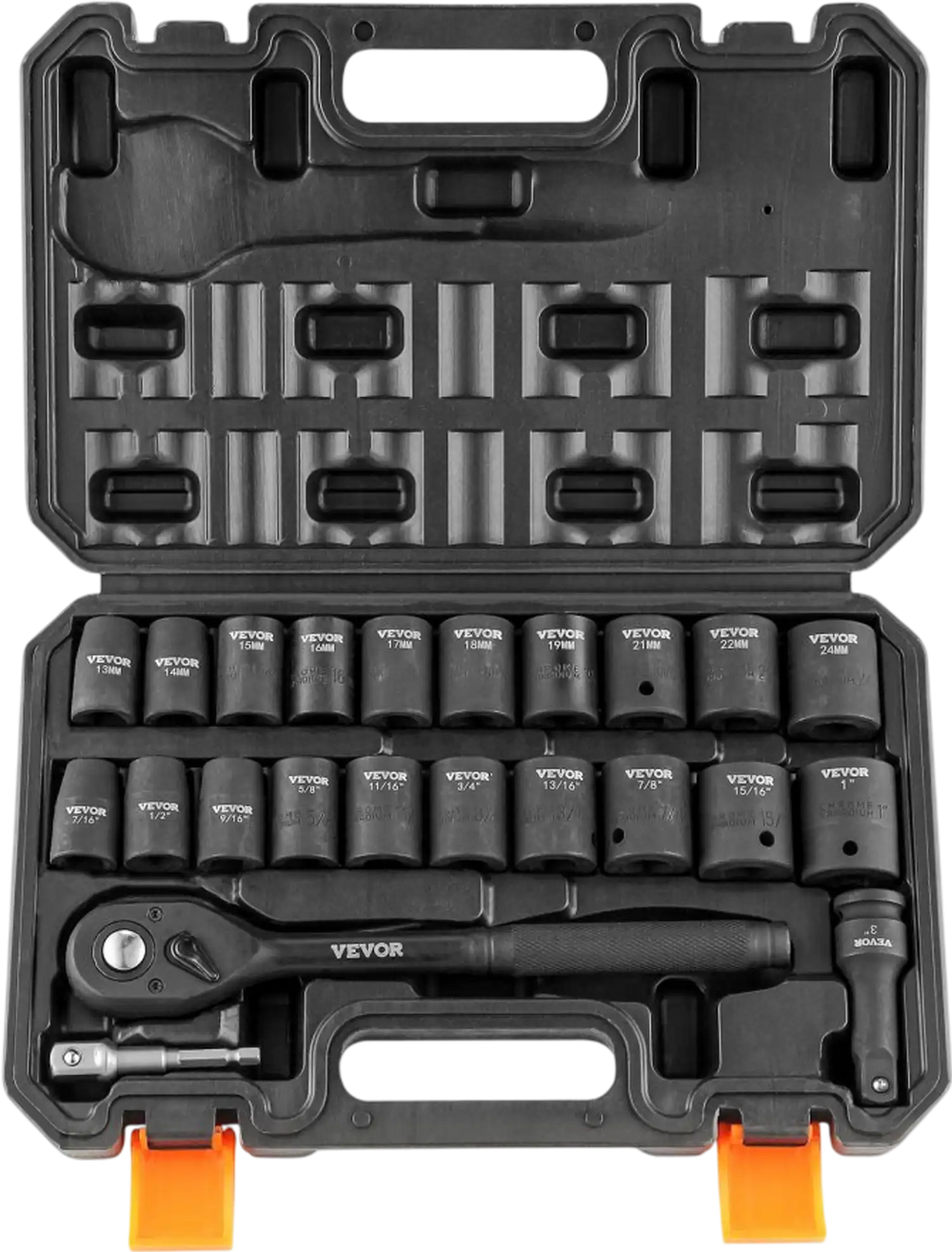 VEVOR Impact Socket Set with 1/2" Drive, Comprising 23 Pieces in SAE (7/16" -1") & Metric Measurements, 6 Point Cr-V Alloy Steel, Ideal for Car Maintenance, Includes Ratchet Handle and Durable Storage Case