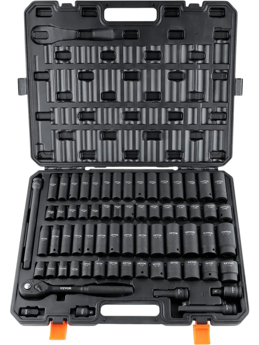 VEVOR 1/2" Drive Impact Socket Set, 65 Piece Socket Set SAE 3/8" to 1-1/4" and Metric 10-24mm, 6 Point Cr-V Alloy Steel for Auto Repair, Rugged Construction, Easy-to-Read Size Markings, Storage Case