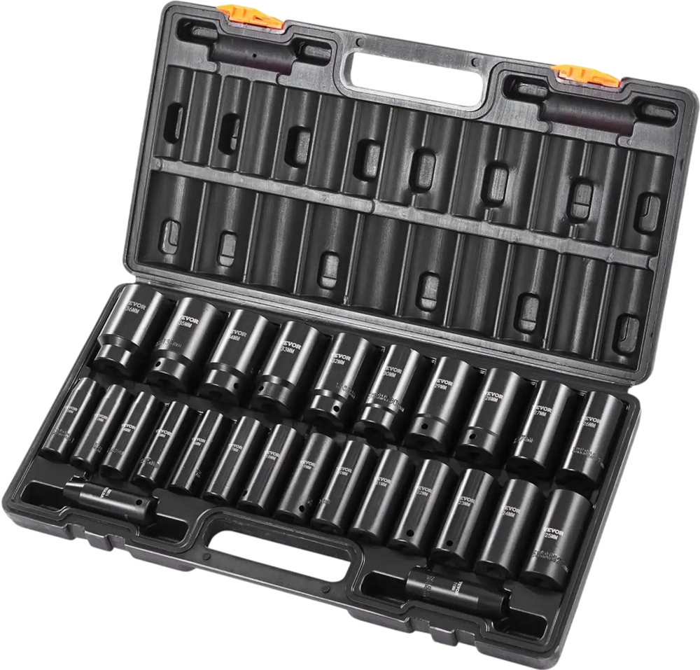VEVOR Impact Socket Set, 1/2" 26 Piece Impact Sockets, Deep Socket, 6-Point Sockets, 1/2 Inches Drive Socket Set Impact Metric 10mm - 36mm, Cr-V Rugged Construction, with a Storage Cage
