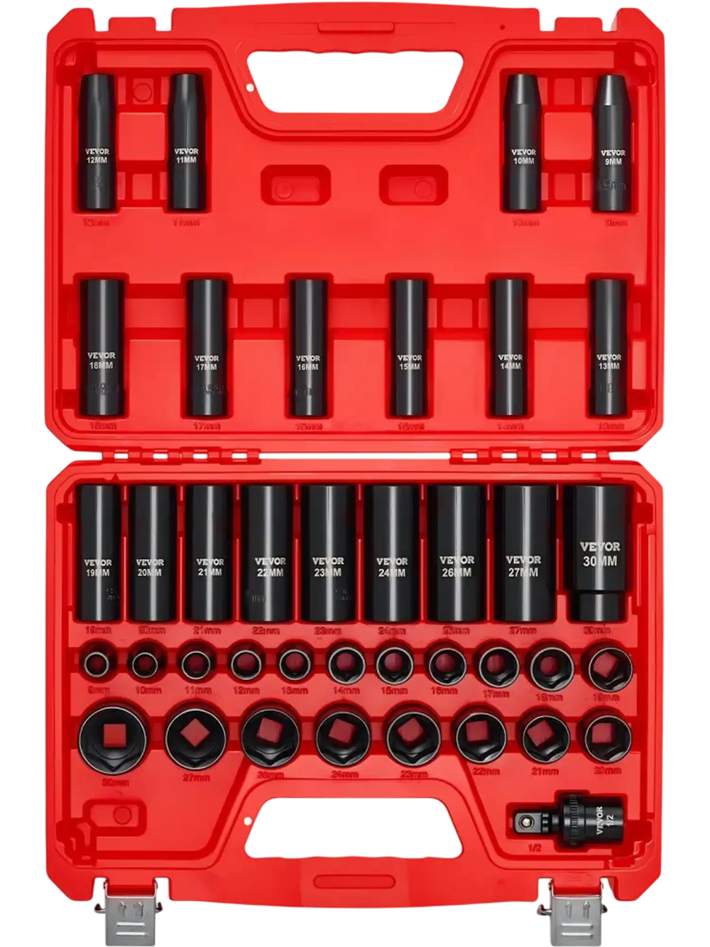 VEVOR 1/2 in Drive Impact Socket Set, 39 Piece, 6 Point Deep & Shallow Impact Sockets, Metric 9 to 30 mm, Cr-V Steel High Durability, with Universal Joint, Dual Size Markings, Heavy Duty Carrying Case