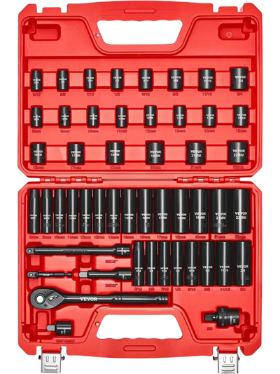 VEVOR 3/8 in Drive Impact Socket Set, 50 Piece, 6 Point Deep & Shallow Impact Sockets, SAE (5/16 in to 3/4 in) and Metric (8 to 22 mm) Sizes with 3 in & 6 in Extension Bars, Cr-V Steel, Carrying Case