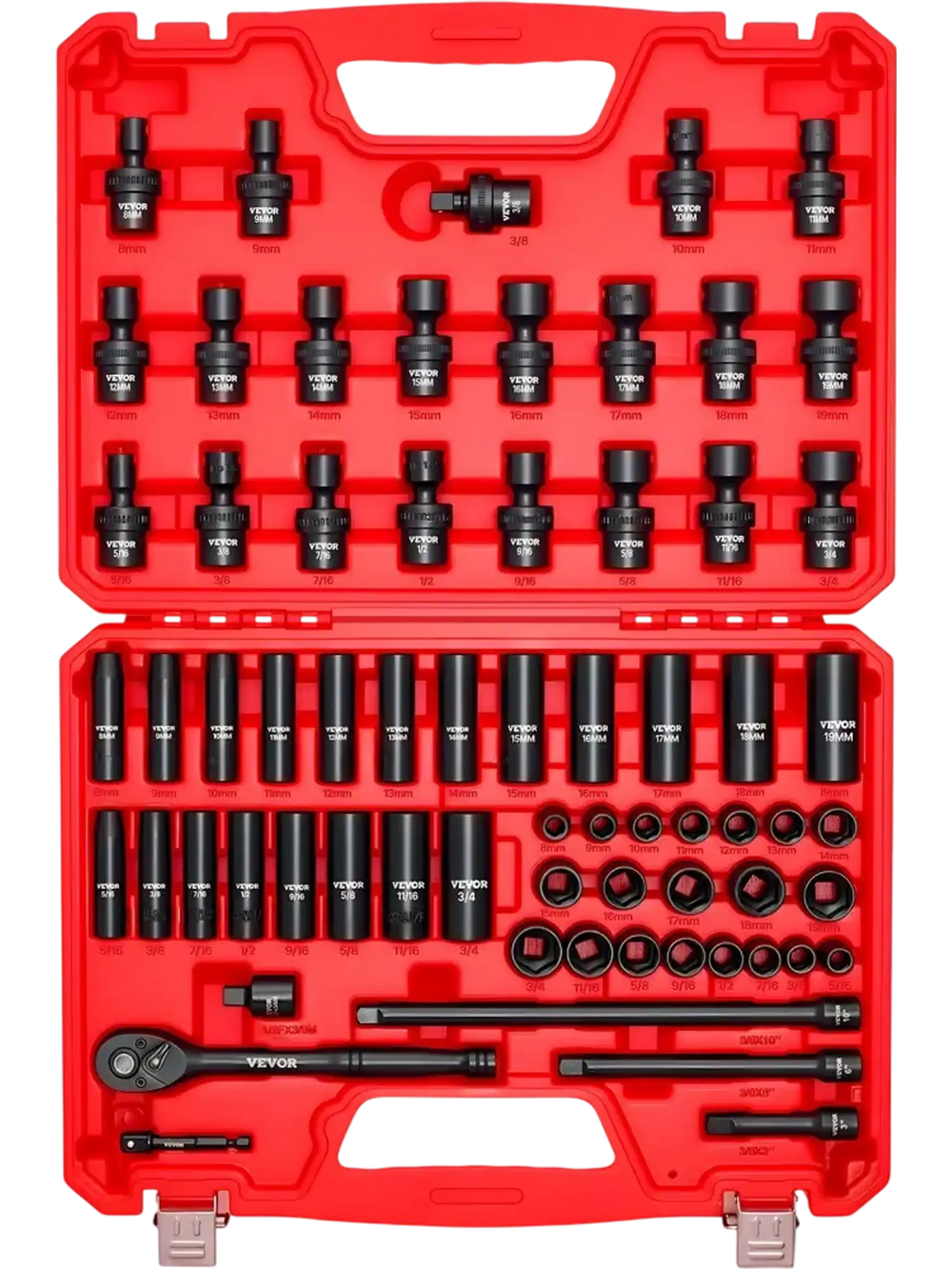 VEVOR 3/8 in Drive Impact Socket Set, 67 Piece, 6 Point Shallow & Deep Impact Sockets, SAE (5/16 in to 3/4 in) and Metric (8 mm to 19 mm), Swivel Sockets, Adapters, Cr-V & Cr-Mo Steel, Carrying Case
