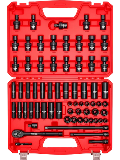 VEVOR 3/8 in Drive Impact Socket Set, 67 Piece, 6 Point Shallow & Deep Impact Sockets, SAE (5/16 in to 3/4 in) and Metric (8 mm to 19 mm), Swivel Sockets, Adapters, Cr-V & Cr-Mo Steel, Carrying Case