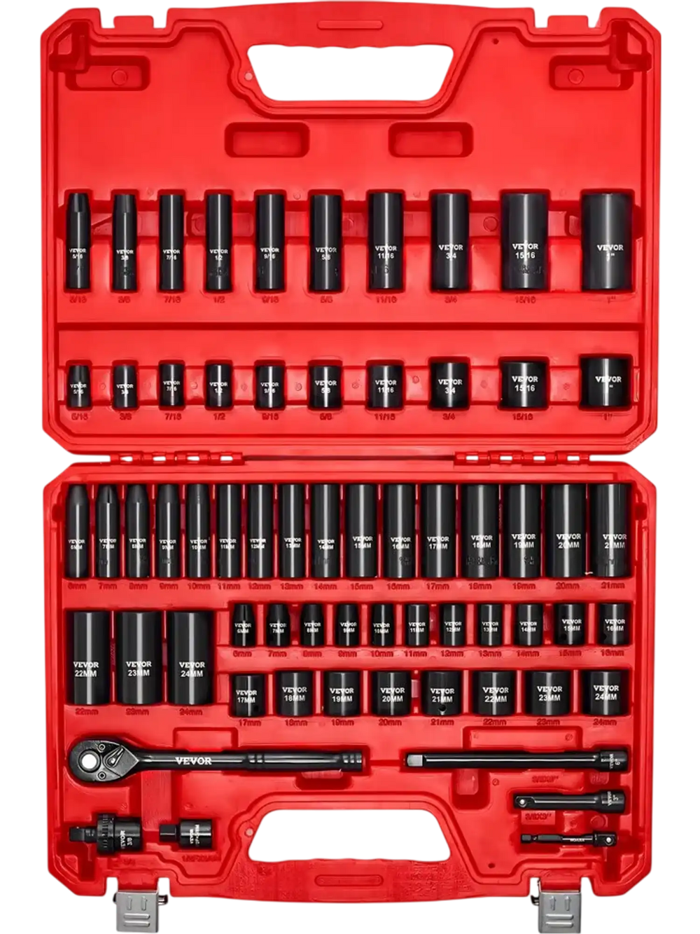 VEVOR 3/8 in Drive Impact Socket Set, 64 Piece, 6 Point Deep & Shallow Impact Sockets, SAE (5/16 in to 1 in) and Metric (6 to 24 mm) Sizes with 3 in & 6 in Extension Bars, Cr-V Steel, Carrying Case