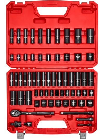 VEVOR 3/8 in Drive Impact Socket Set, 64 Piece, 6 Point Deep & Shallow Impact Sockets, SAE (5/16 in to 1 in) and Metric (6 to 24 mm) Sizes with 3 in & 6 in Extension Bars, Cr-V Steel, Carrying Case