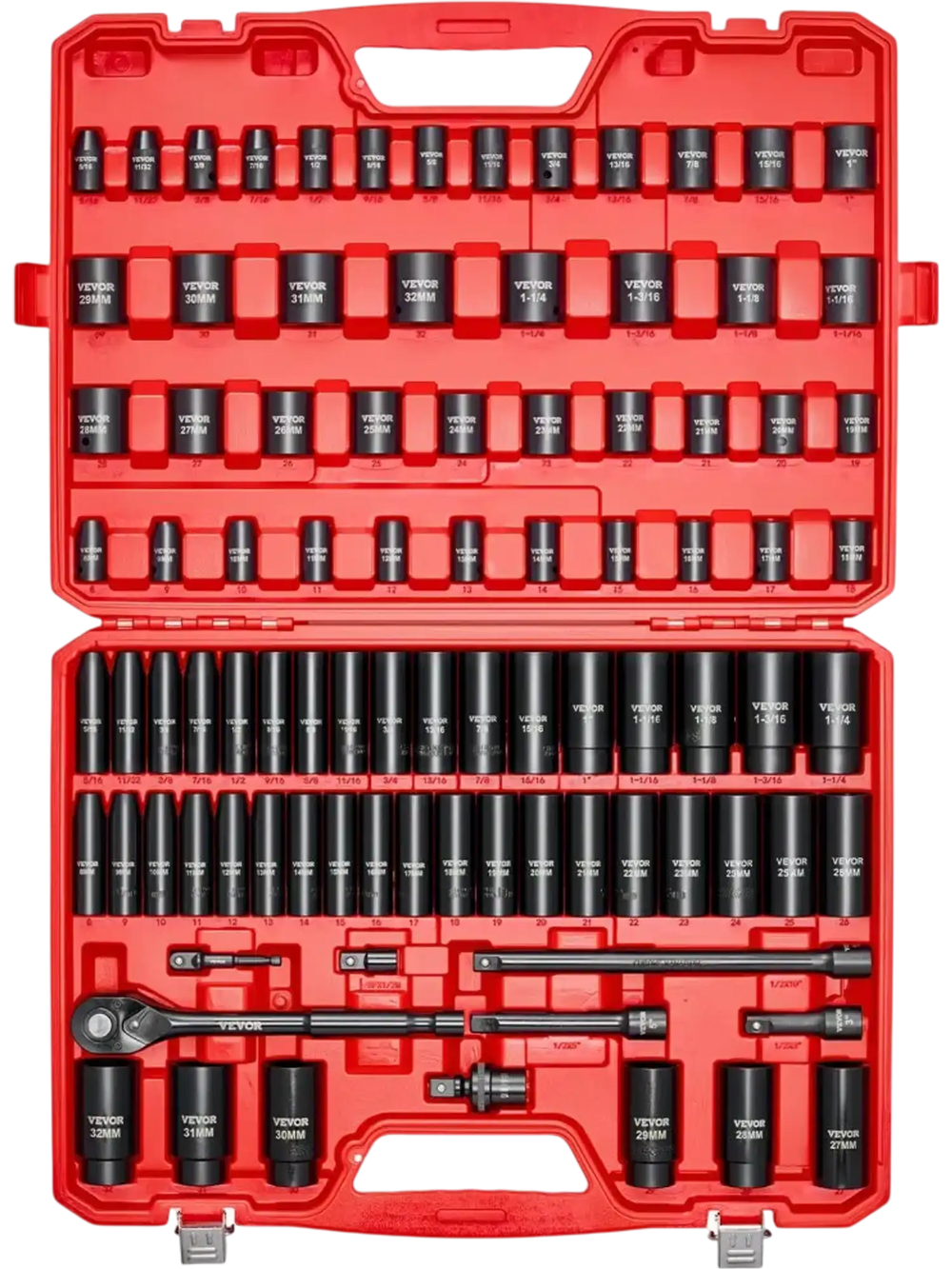 VEVOR 1/2 in Drive Impact Socket Set, 91 Piece, 6 Point Deep & Shallow Impact Sockets, SAE (5/16 to 1-1/4 in) and Metric (8 to 32 mm) Sizes with Extension Bars (3, 5, 10 in), Cr-V Steel, Carrying Case