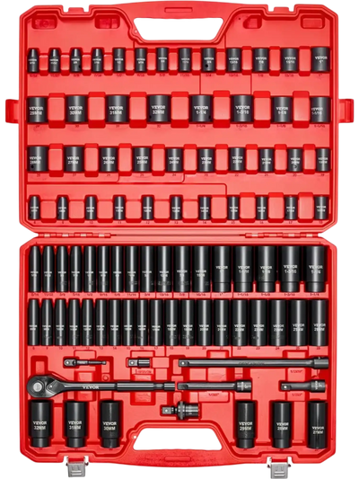 VEVOR 1/2 in Drive Impact Socket Set, 91 Piece, 6 Point Deep & Shallow Impact Sockets, SAE (5/16 to 1-1/4 in) and Metric (8 to 32 mm) Sizes with Extension Bars (3, 5, 10 in), Cr-V Steel, Carrying Case