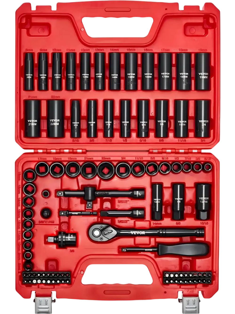 VEVOR 3/8 in Drive Impact Socket Set, 96 Piece, 6 Point Deep & Shallow Impact Sockets, SAE (5/16 in to 3/4 in) and Metric (8 to 22 mm) Sizes with 3 in & 6 in Extension Bars, Cr-V Steel, Carrying Case