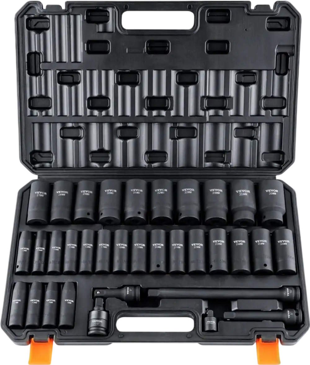 VEVOR 1/2" Drive Deep Impact Socket Set, 34pcs Socket Set Metric （8-36mm） 6 Point Cr-MO Alloy Steel for Auto Repair, Rugged Construction, Includes Heavy Duty Storage Case