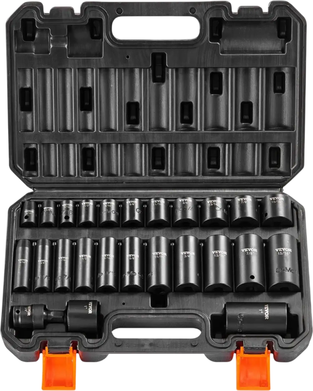 VEVOR 3/8" Drive Impact Socket Set, 25 Piece Deep & Shallow Socket Set SAE 5/16" - 1", 6 Point Cr-Mo Alloy Steel for Auto Repair, Easy-to-Read Size Markings, Rugged Construction, Includes Storage Case