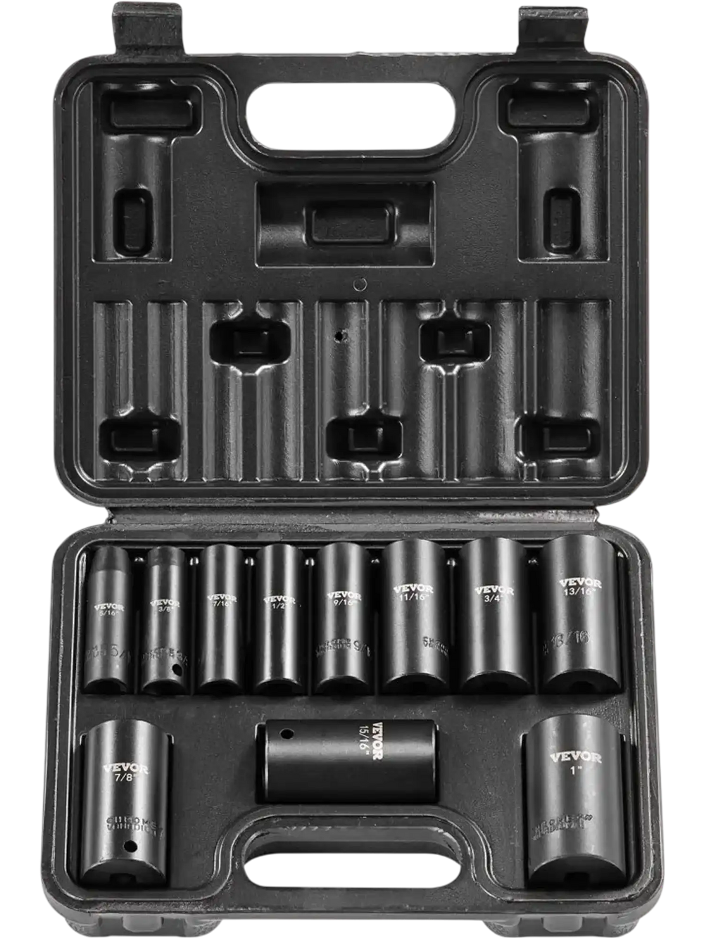 VEVOR 3/8" Drive Impact Socket Set, 11 Piece Deep Socket Set SAE 5/16"-1", 6 Point CR-V Alloy Steel for Auto Repair, Easy-to-Read Size Markings, Rugged Construction, Includes Storage Case