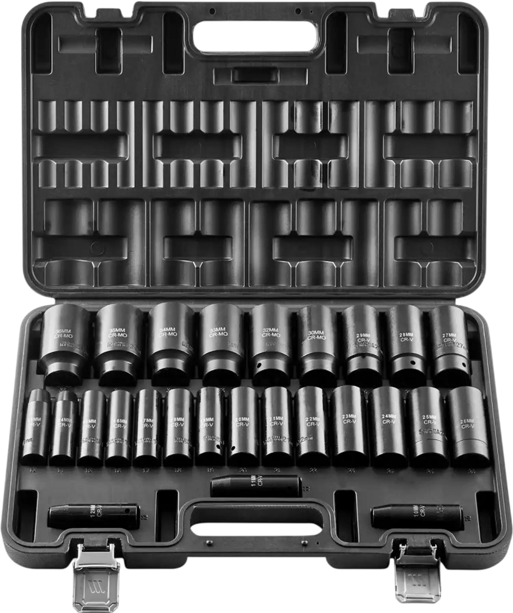 VEVOR Drive Impact Socket Set 1/2" - 26 Piece Deep Socket Set Metric 11-36 mm, 6 Point CR-V & Cr-Mo Alloy Steel for Auto Repair - Easy-to-Read Size Markings, Rugged Sockets Organizer, Storage Case