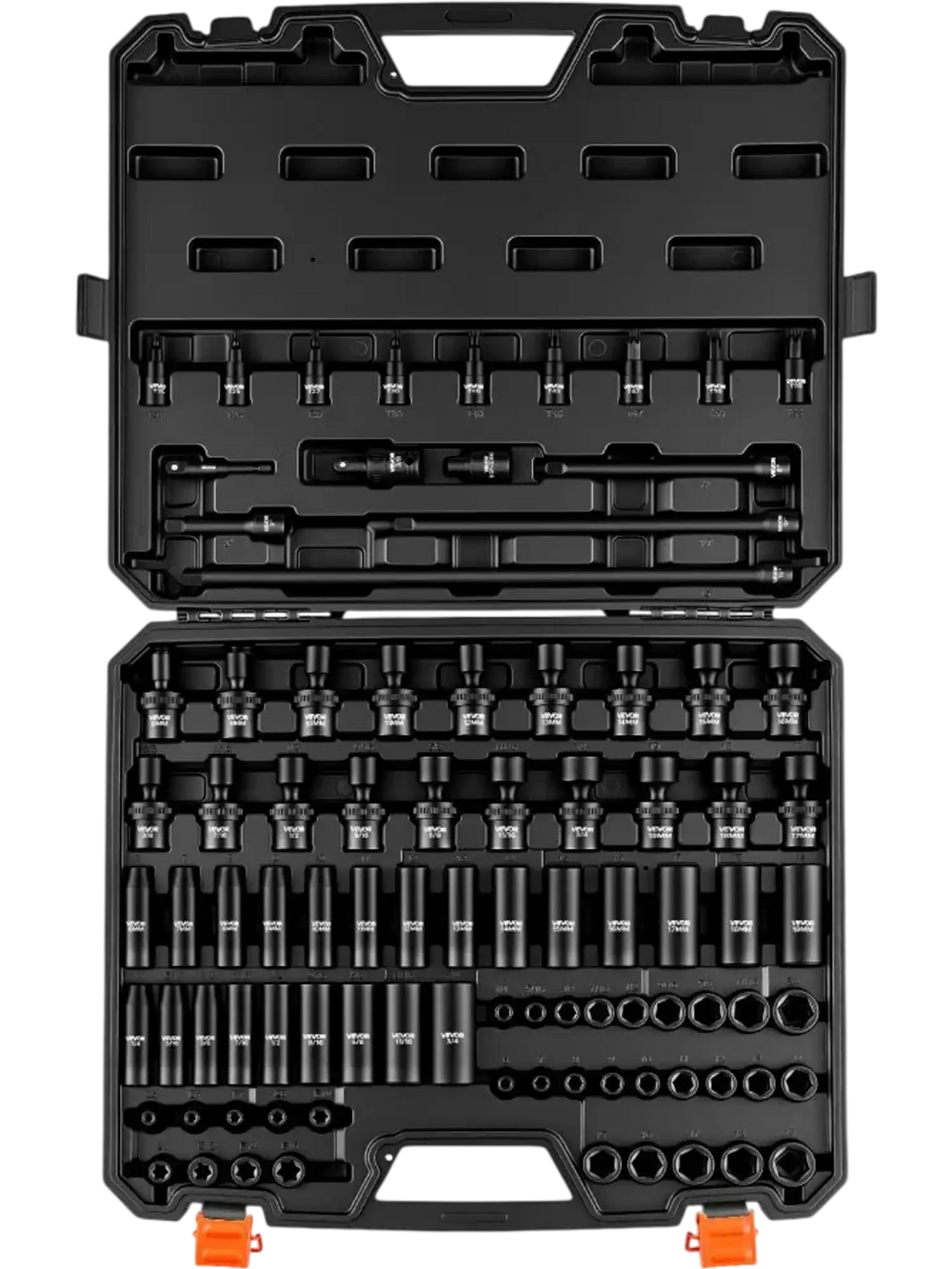 VEVOR Impact Socket Set, 3/8" Drive, 90-Piece Socket Set, 6 Point Sockets, SAE 1/4"-3/4" and Metric 6-19 mm, Easy to Identify, with Adapters, Sturdy Storage Case, Cr-Mo Alloy Steel for Vehicles Repair