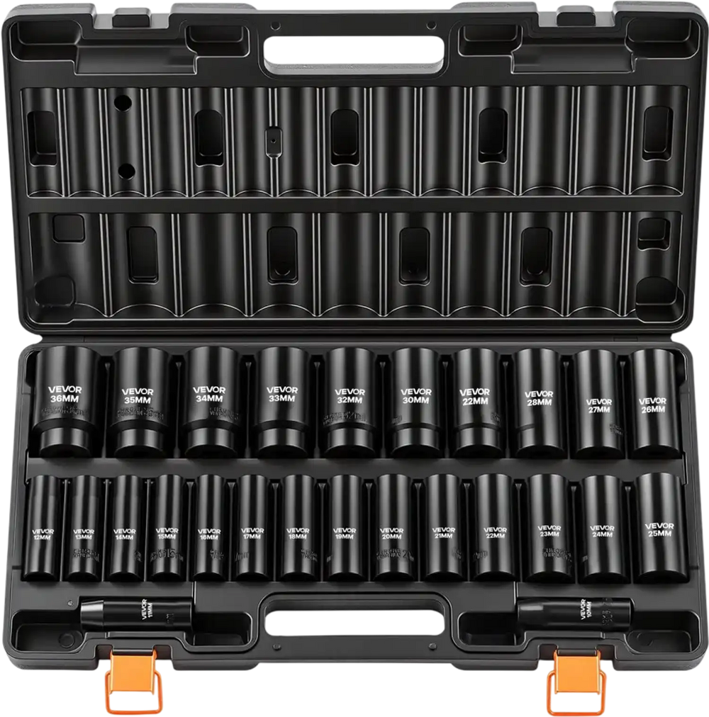 VEVOR Impact Socket Set, 1/2" Drive, 26-Piece Impact Sockets, 6-Point Sockets, Metric 10-30 mm, 32-36 mm, Easy to Identify, with a Sturdy Storage Case, Cr-V Alloy Steel Structure, for Vehicles Repair
