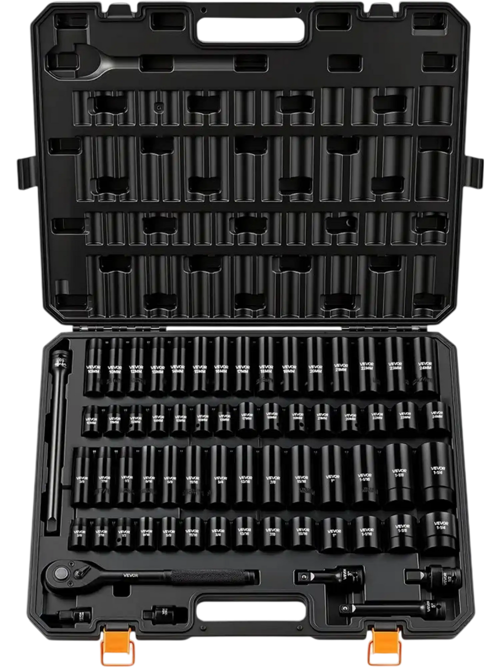 VEVOR Impact Socket Set, 1/2" Drive, 65-Piece Socket Set, 6 Point Sockets, SAE 3/8" to 1-1/4" and Metric 10-24 mm, Easy to Identify, with a Sturdy Storage Case, Cr-V Alloy Steel for Vehicles Repair