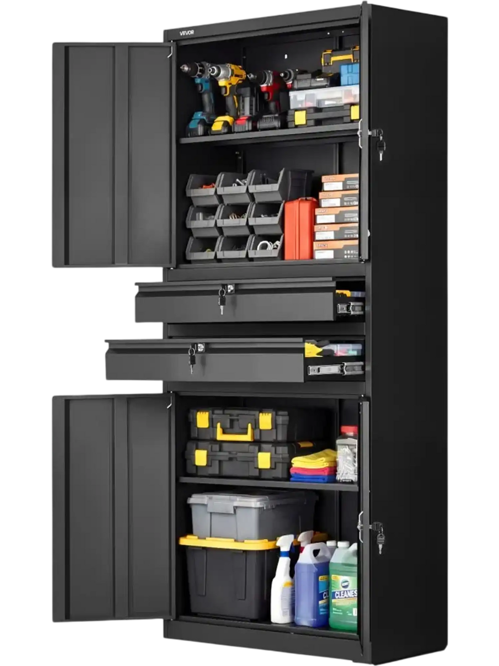 VEVOR Metal Storage Cabinet, 180 lbs Shelf Load Capacity, 70.87" Tall Garage Tool Storage Cabinet with 4 Locking Doors and Adjustable Shelves, 2 Drawers, for Garage, Home, Office, Utility Room, Black