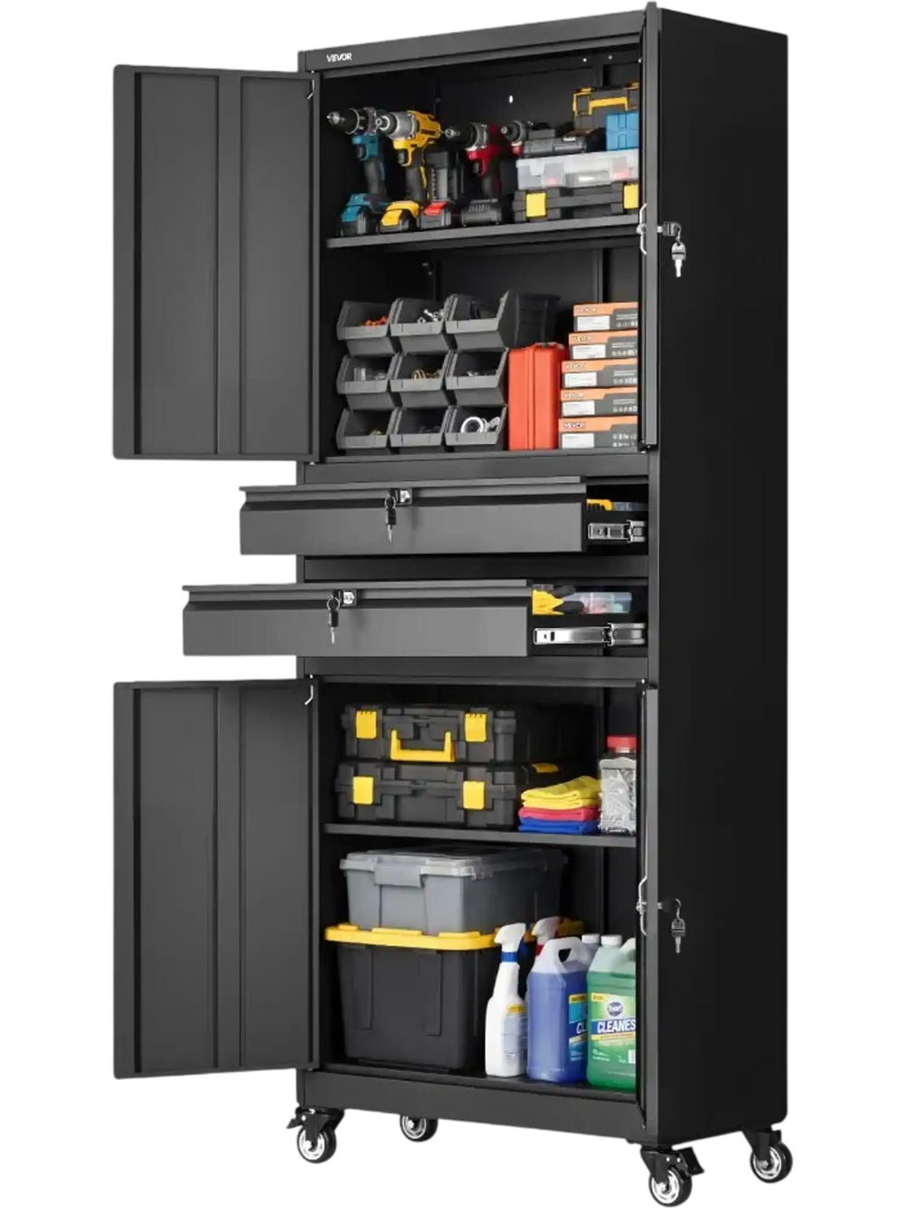 VEVOR Metal Storage Cabinet with Wheels, 180 lbs Shelf Load Capacity, 75" Tall Rolling Garage Tool Storage Cabinet with 4 Locking Doors and Adjustable Shelves, 2 Drawers, for Garage, Office, Home