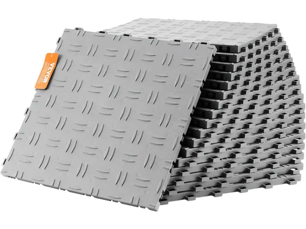 VEVOR Garage Tiles Interlocking, 12 x 12 x 0.53 inch 50 Pack Garage Floor Covering Tiles, Non-Slip Double-Sided Texture Garage Flooring Tiles, for Garages, Basements, Repair Shops, Silver