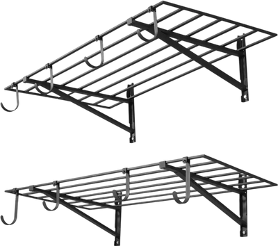 VEVOR 2-Tier Heavy Duty Wall Garage Shelving, 2 x 4 ft Steel Wall Mounted Shelving Unit with Hooks, 24 x 48 Inch Per Shelf Floating Storage Metal Rack for Garage, 520 lbs Total Weight Capacity, Black