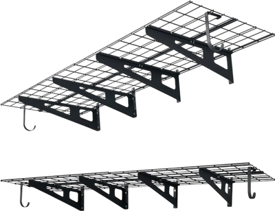 VEVOR 2-Tier Heavy Duty Wall Garage Shelving, 8 Pack 1 x 3 ft Steel Wall Mounted Shelving Unit with Hooks, 24 x 72 Inch Per Shelf Floating Storage Metal Rack, 1000 lbs Total Weight Capacity, Black