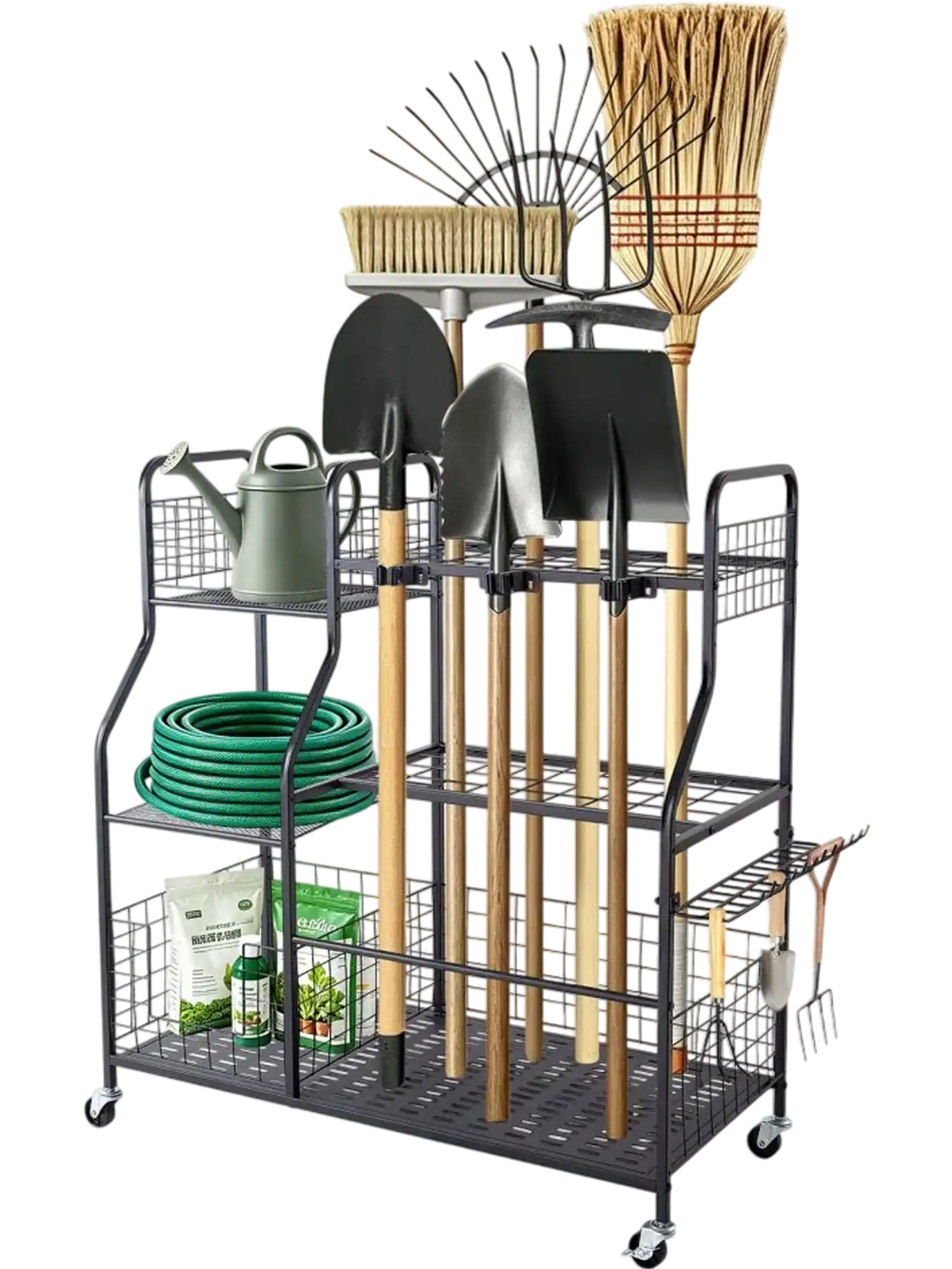VEVOR Garden Tool Organizer with Wheels, Large Metal Garage Storage Rack, for Rakes/Shovels/Brooms, Yard Utility Tool Holder for Shed/Outdoor/Lawn Organization, Heavy-Duty Steel, with Hooks, Black