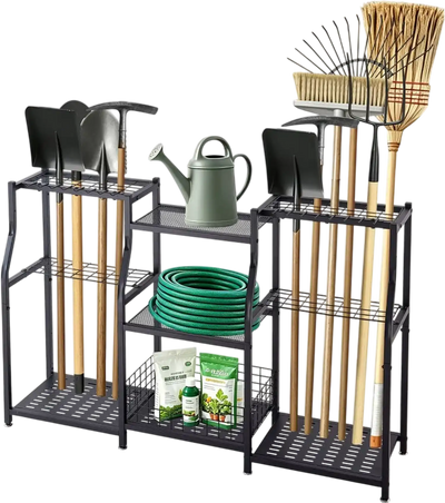 VEVOR Garden Tool Organizer, 3-Tier High-Capacity Metal Garage Storage Rack, for Rakes/Shovels/Brooms, Yard Utility Tool Holder for Shed/Outdoor/Lawn Organization, Heavy-Duty Steel, with Hooks, Black