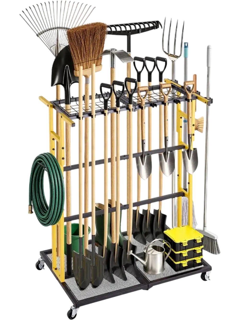 VEVOR Garden Tool Organizer with Wheels, Large Metal Garage Storage Rack, for Rakes/Shovels/Brooms/Long Farming Tools, Yard Utility Holder for Shed/Outdoor/Lawn Organization, Heavy-Duty Steel, Black