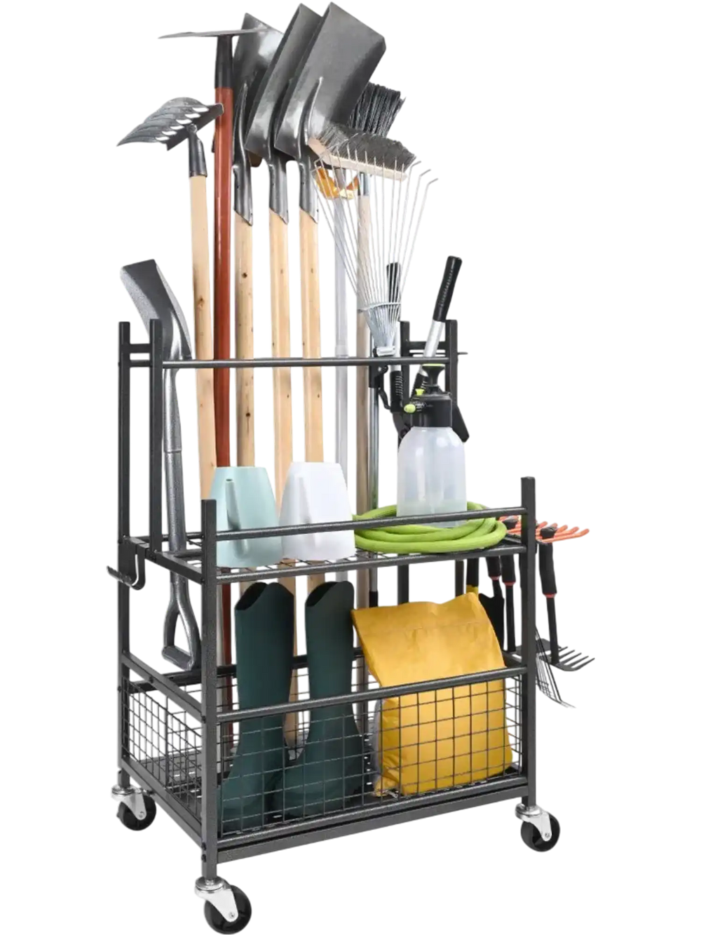VEVOR Garden Tool Organizer, 16 Slots with Hooks, Yard Tool Tower Rack with Wheels for Garage Organization and Storage, Hold Long-Handled Tool/Rake/Broom, Metal Tool Stand Holder for Shed, Outdoor