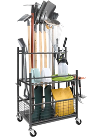 VEVOR Garden Tool Organizer, 16 Slots with Hooks, Yard Tool Tower Rack with Wheels for Garage Organization and Storage, Hold Long-Handled Tool/Rake/Broom, Metal Tool Stand Holder for Shed, Outdoor