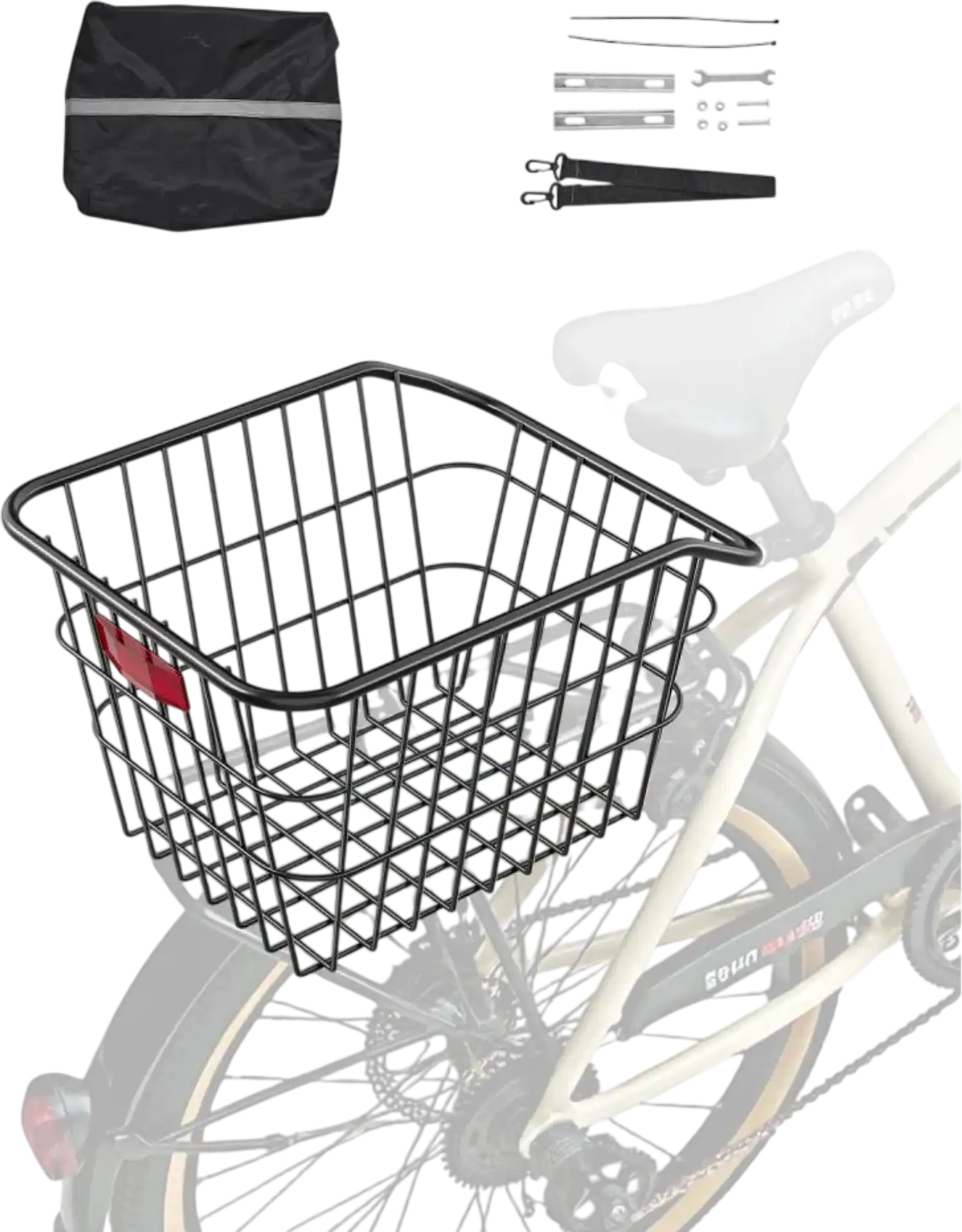 Vevor Bike Basket Rear Metal Wire Bicycle Basket with Reflective Tail Light & Waterproof Cover New