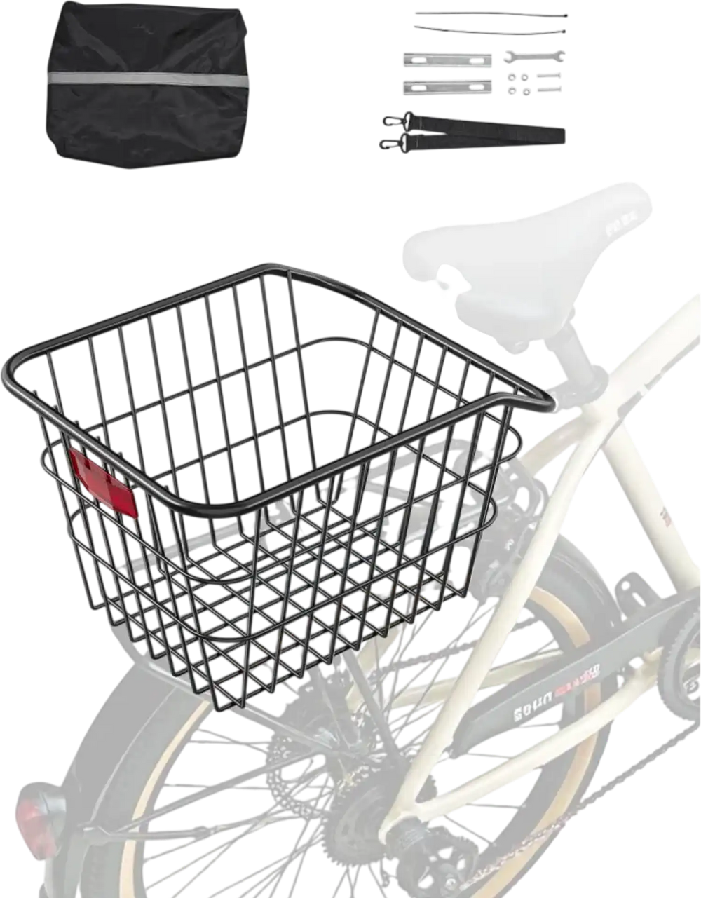 VEVOR Rear Bike Basket, Metal Wire Bicycle Basket with Reflective Tail Light & Waterproof Cover, Durable Bike Back Basket, Fits to Most Rear Bike Racks