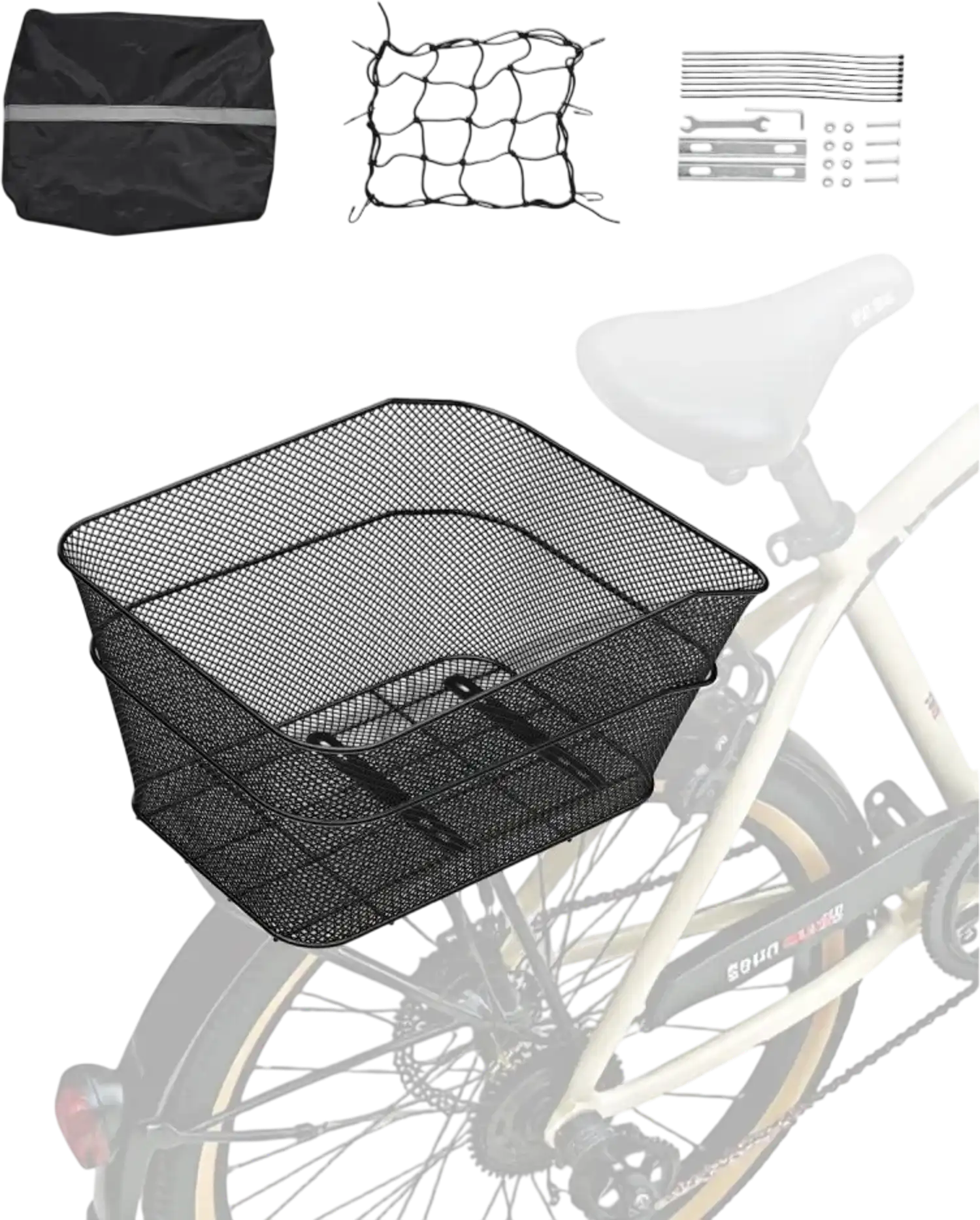 Vevor Bicycle Basket Rear Rack Wire Mesh Cargo Basket with Cargo Net & Waterproof Cover New