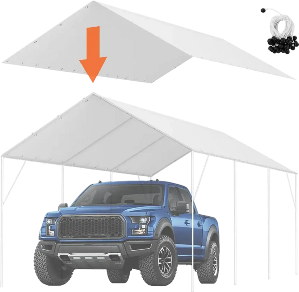 VEVOR 10 x 20 ft Carport Replacement Canopy Cover, Garage Top Tent Shelter Tarp Heavy-Duty Waterproof & UV Protected, Easy Installation with 40 Ball Bungeess (Only Top Cover, Frame Not Include), White