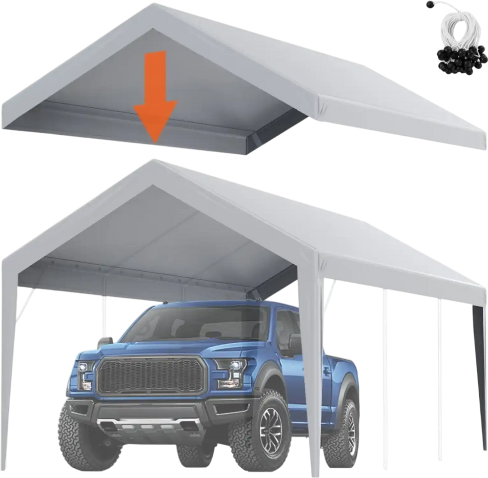 VEVOR Carport Replacement Canopy Cover 10 x 20 ft, Garage Top Tent Shelter Tarp Heavy-Duty Waterproof & UV Protected, Easy Installation with Ball Bungees,Grey (Only Top Cover, Frame Not Include)