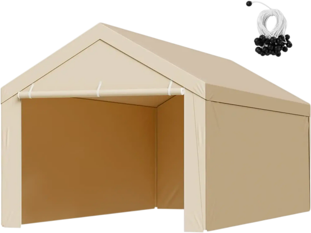 VEVOR Carport Replacement Canopy, 10 x 20 ft Potable Garage Tent Top Tarp with Sidewalls, UV-Resistant & Waterproof, Heavy Duty Car Shelter Tarp with Ball Buggees, Beige, Frame Not Included
