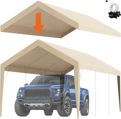 VEVOR Carport Replacement Canopy Cover 10 x 20 ft, Garage Top Tent Shelter Tarp Heavy-Duty Waterproof & UV Protected, Easy Installation with Ball Bungees,Beige (Only Top Cover, Frame Not Include)