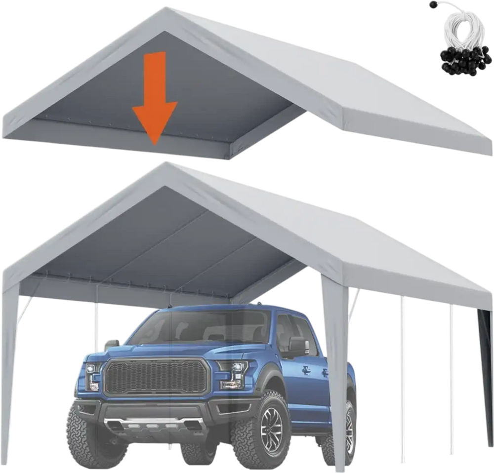 VEVOR Carport Replacement Canopy Cover 12 x 20 ft, Garage Top Tent Shelter Tarp Heavy-Duty Waterproof & UV Protected, Easy Installation with Ball Bungees,Grey (Only Top Cover, Frame Not Include)