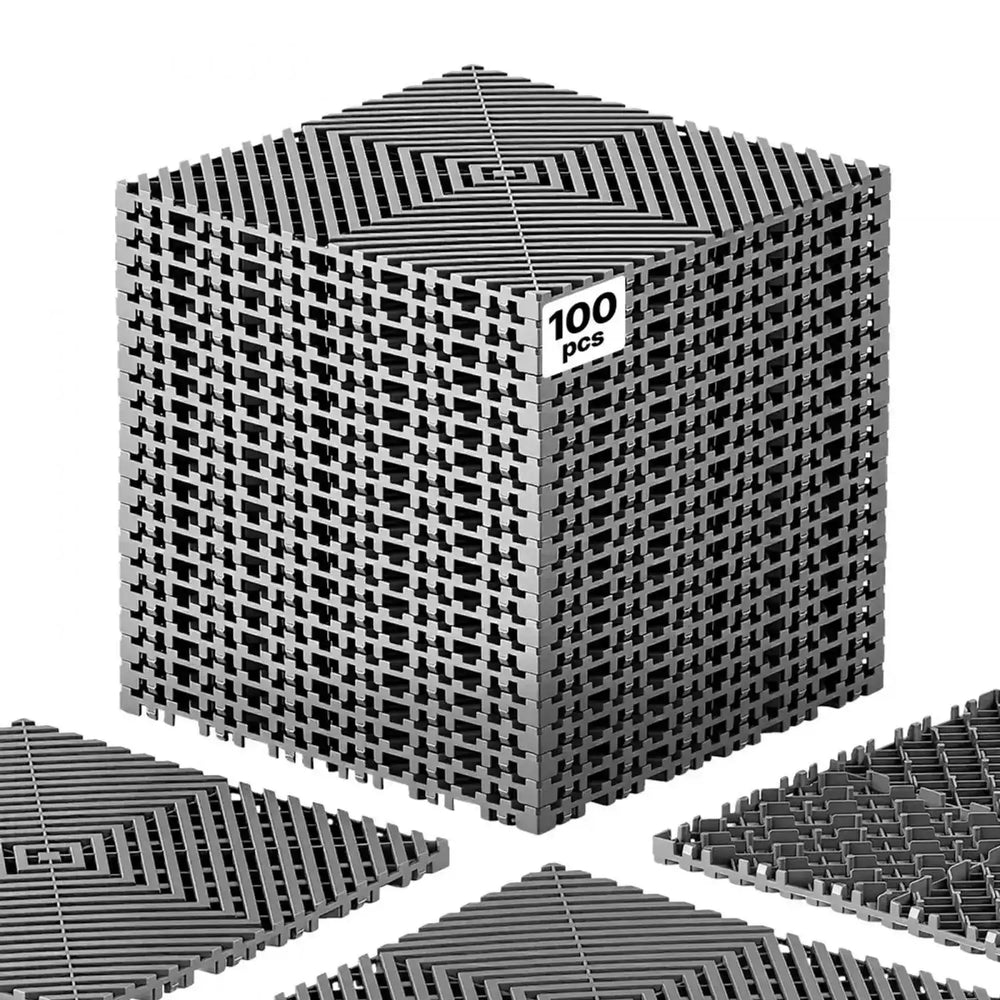 VEVOR Interlocking Drainage Mats 100 Pack 12 x 12 in Dark Gray Floor Tiles, for Garages Basements Car Wash Shops, Non-Slip Heavy-Duty PP Modular Interlocking Cushion, 0.6 in Thickened, Easy to Clean